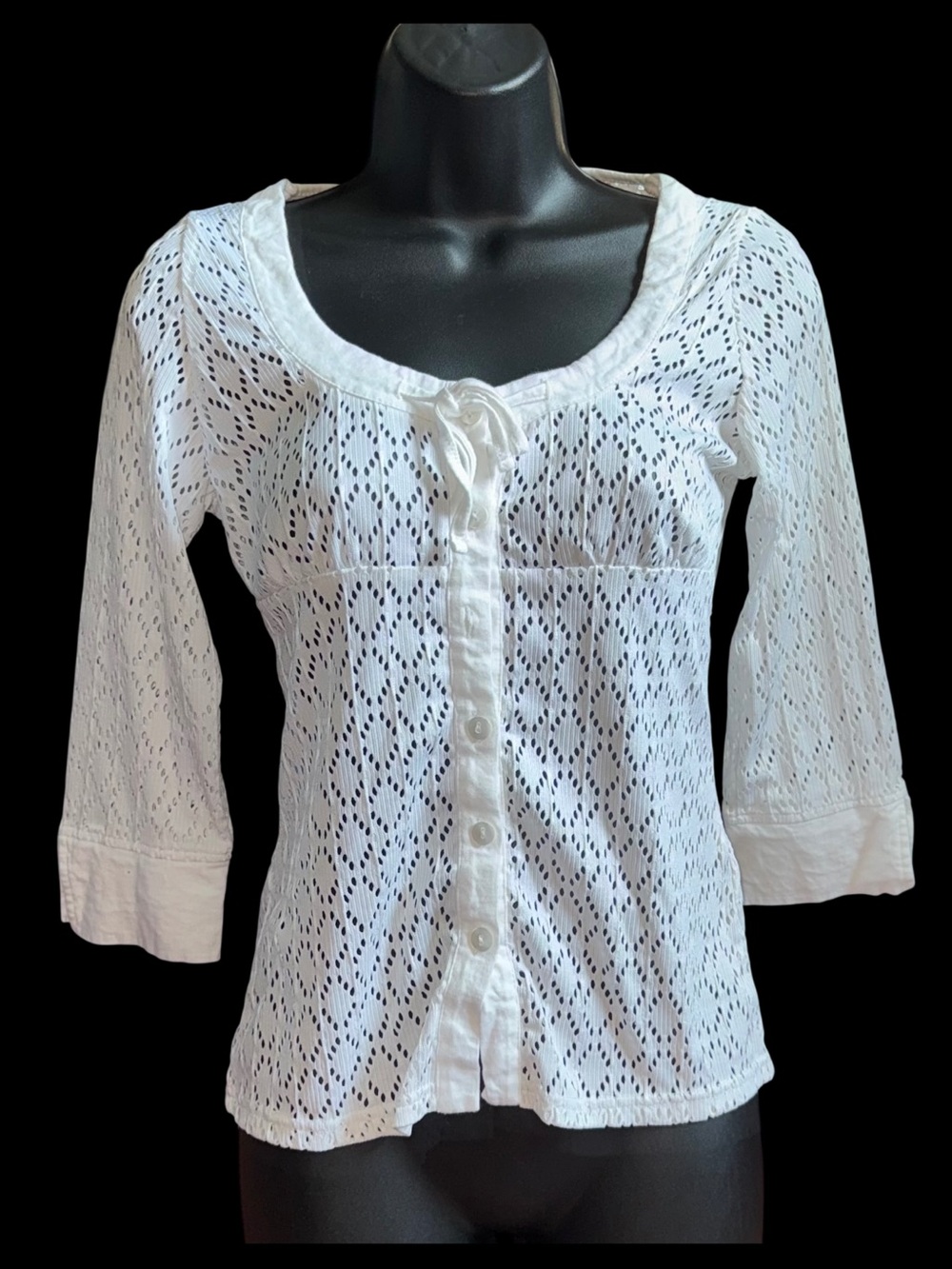 VENUS White Eyelet Blouse/Top – Button Front, Scoop Neck, 3/4 Sleeve